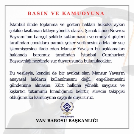 Mansur Yavaş’ın açıklamaları hakkında, baromuz tarafından İstanbul Cumhuriyet Başsavcılığı'na suç duyurusunda bulunulacaktır