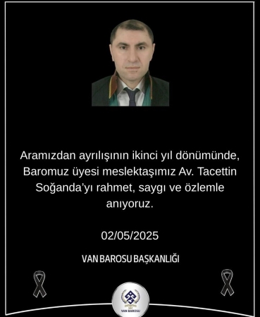 Aramızdan ayrılışının ikinci yıl dönümünde, Baromuz üyesi meslektaşımız Av. Tacettin Soğanda’yı rahmet, saygı ve özlemle anıyoruz.
